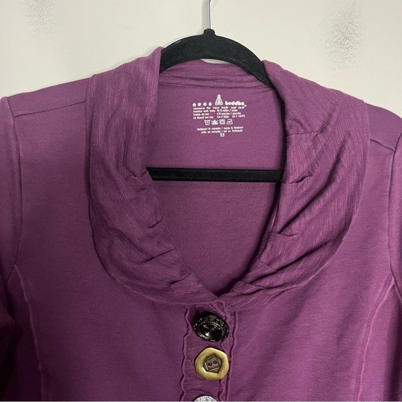 Neon Buddha Purple Ruffle Neck Button Up Jacket, size XS - Picture 2 of 12